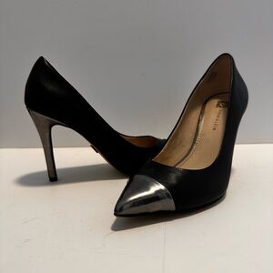 Anne Klein Black Leather /3.5 inch heeled Pumps with Pewter toe cap and heel